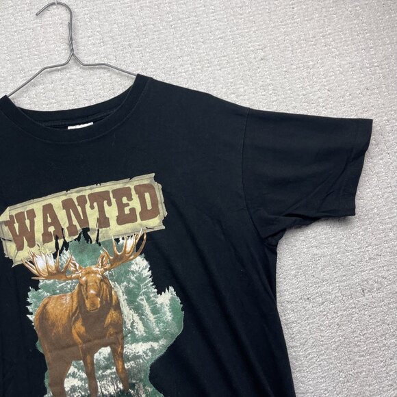 Vintage Hunting T-shirt Wanted Moose Graphic Tee Men Sz M Black Forest Camp - Picture 3 of 14